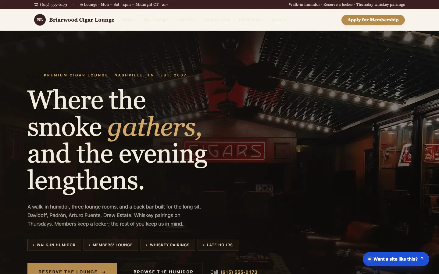 Briarwood Cigar Lounge — headless demo site built on Workspace CMS