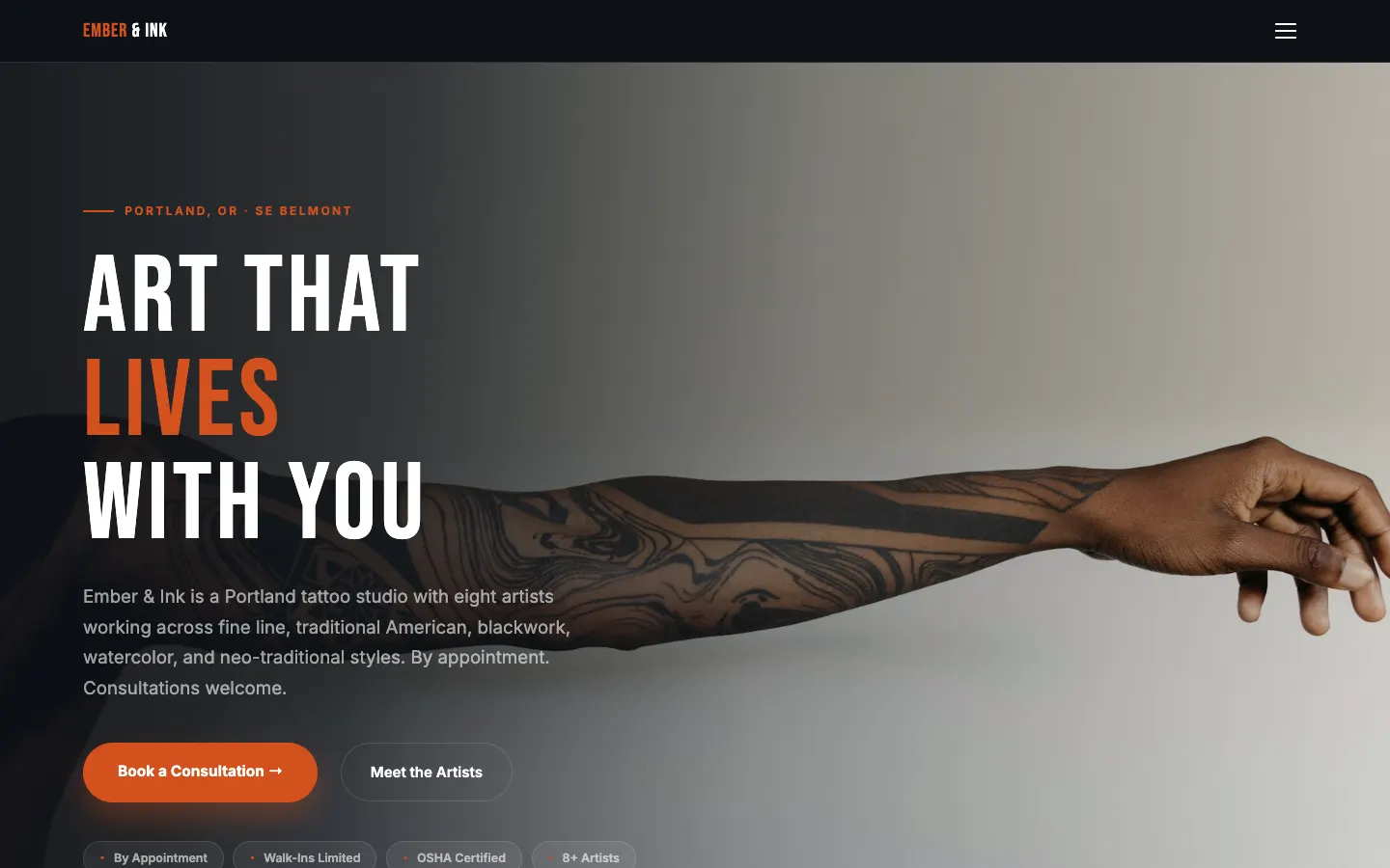Ember & Ink Tattoo Studio — headless demo site built on WorkspaceCMS