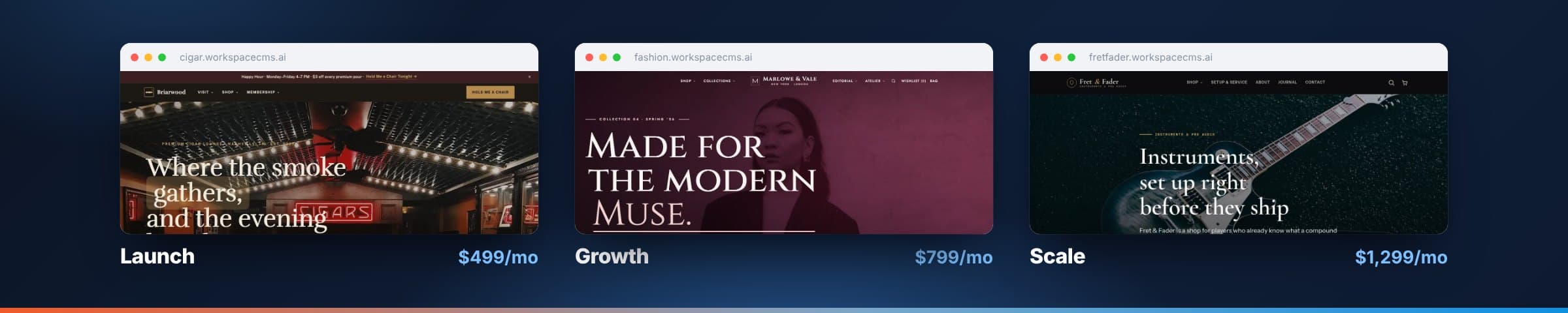 Launch, Growth and Scale demo storefronts with their monthly plan prices