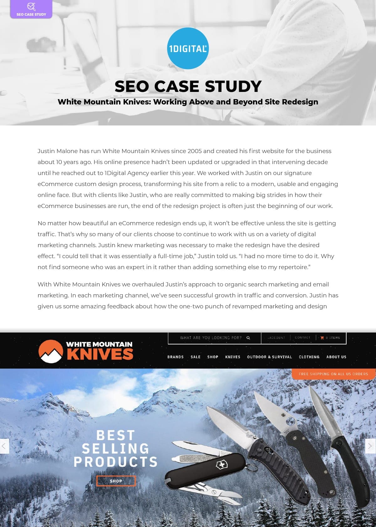 First page of the case study White Mountain Knives: Working Above and Beyond Site Redesign