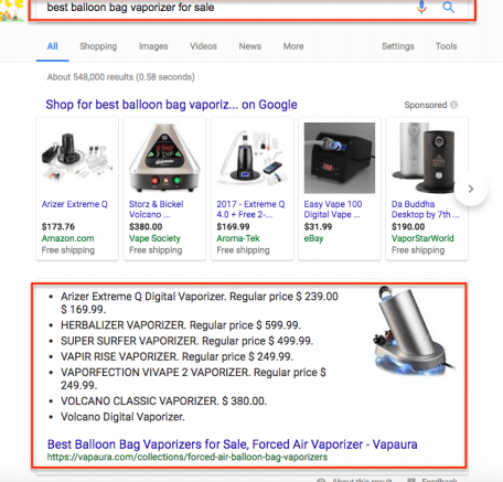 Search result for a target query, from the Vapaura case study