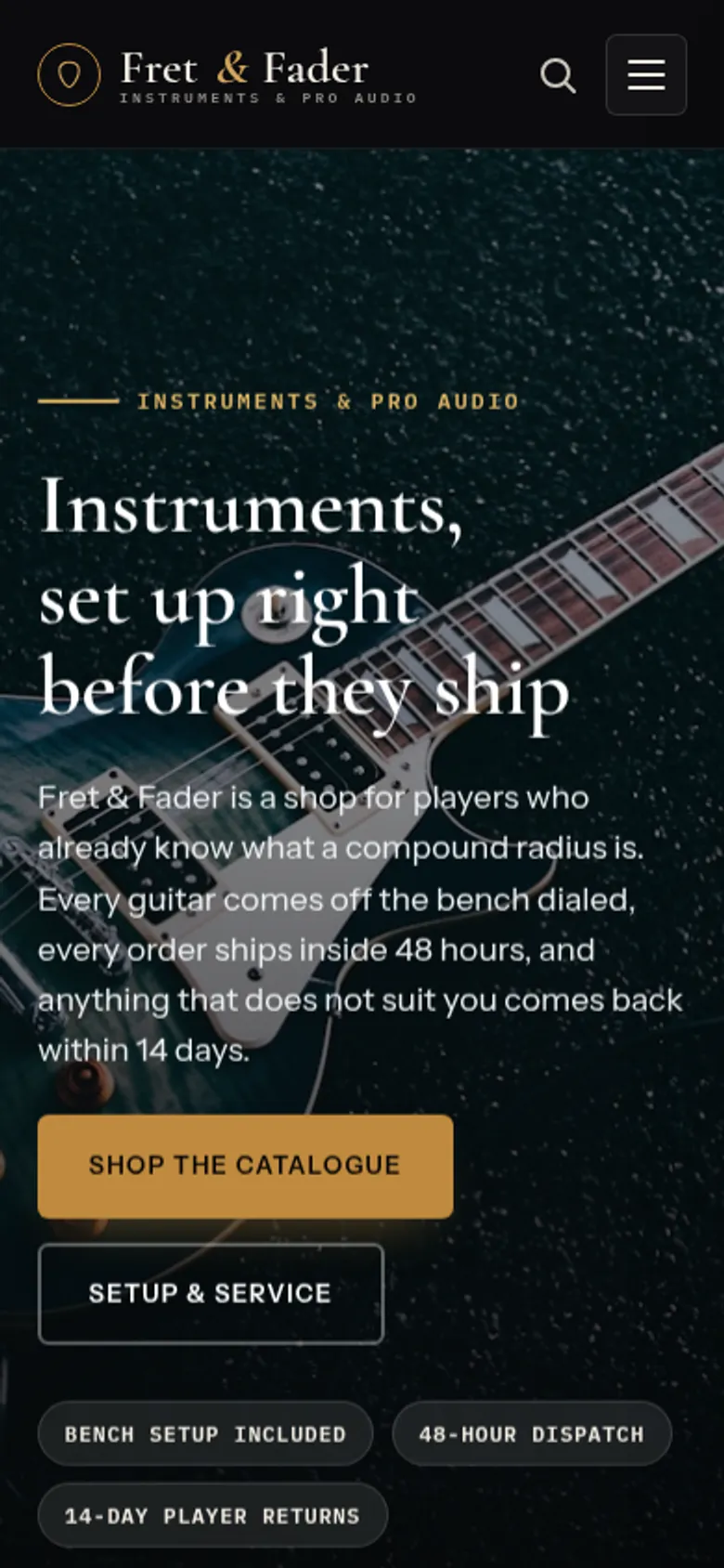 Fret & Fader demo store on a phone