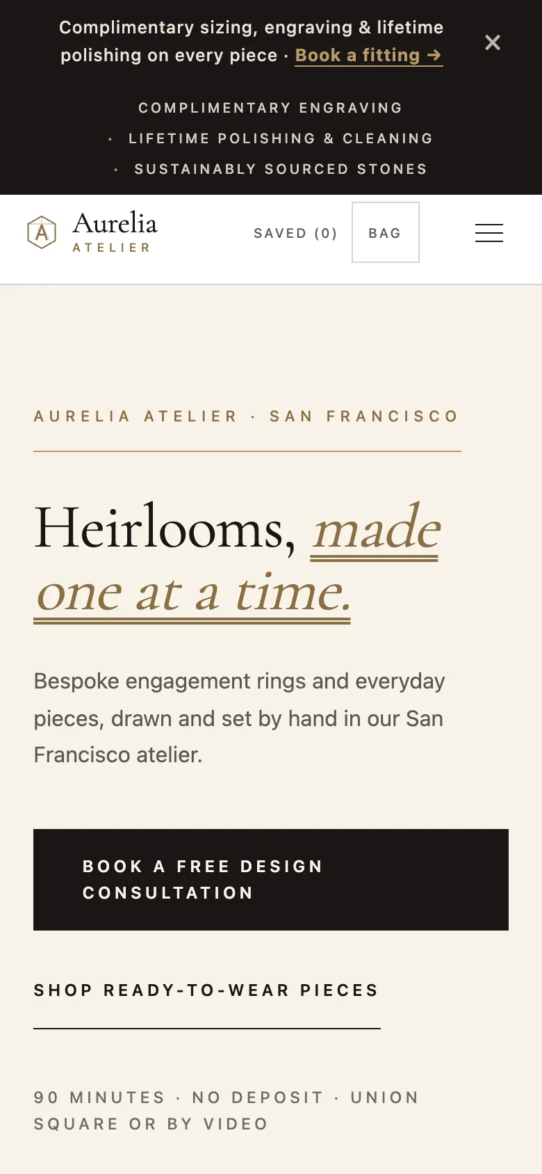 Tienda demo de Aurelia Atelier en un teléfono