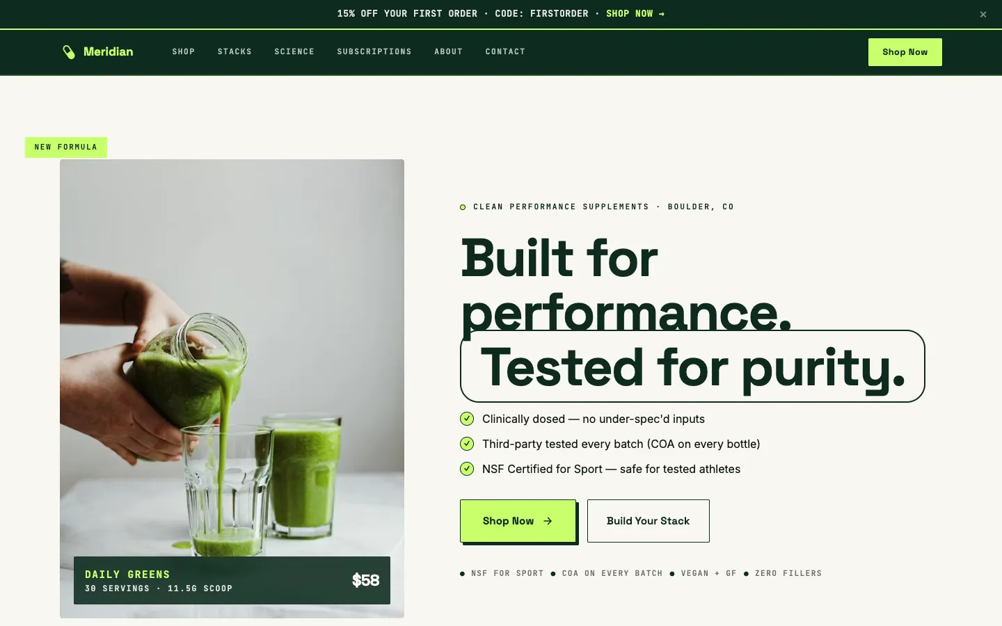 Meridian Nutritionals demo storefront home page