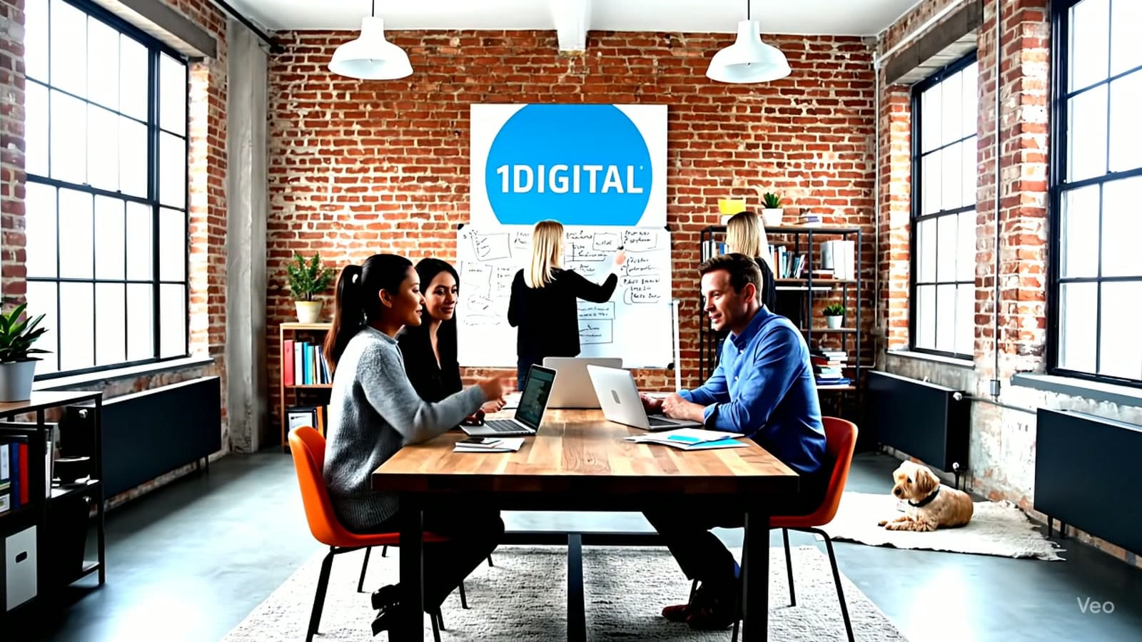 A digital agency team planning around a table under a 1Digital sign