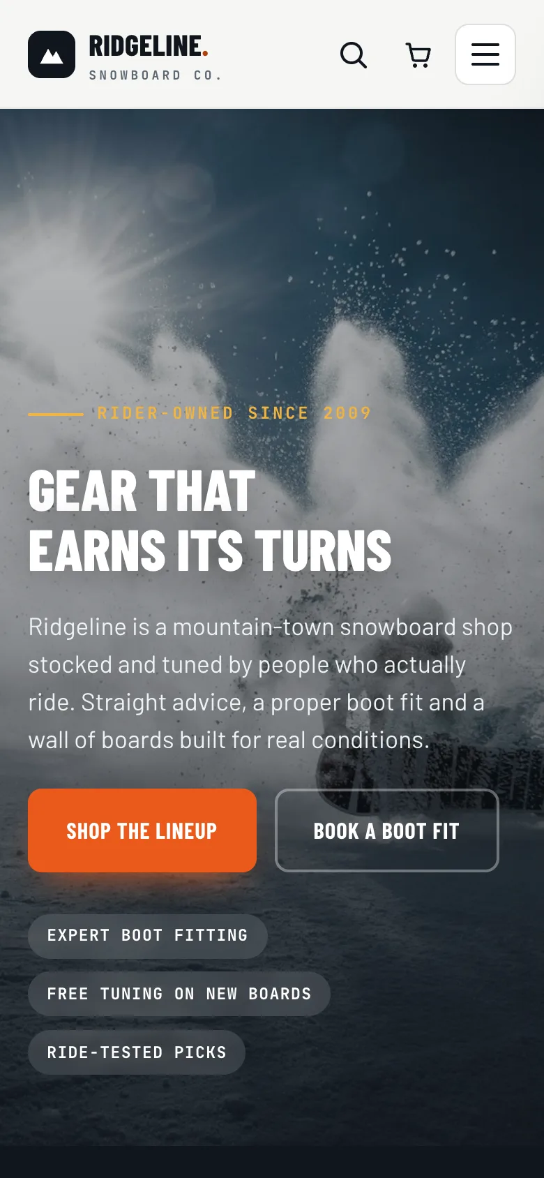 Ridgeline Board Co., a board shop demo store built on WorkspaceCMS, on a phone