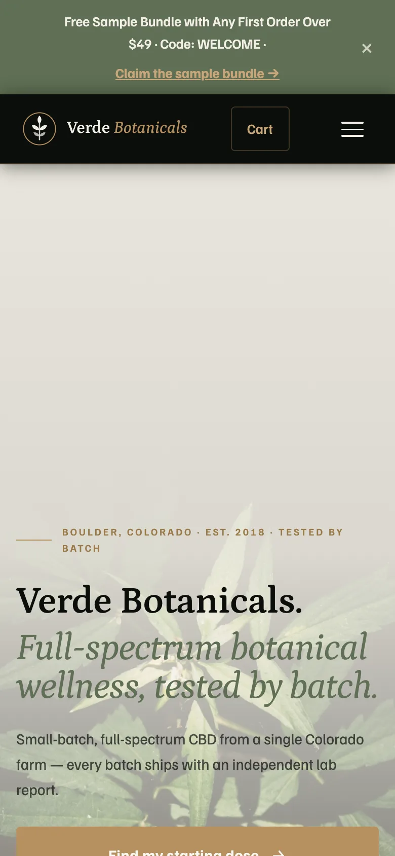 Verde Botanicals, una tienda de demostración de CBD creada en WorkspaceCMS, en un teléfono