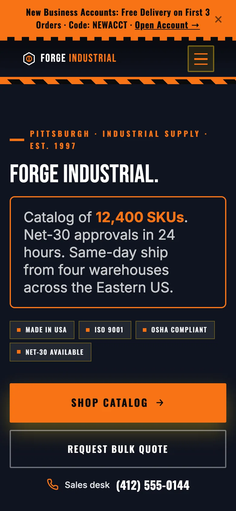 Forge Industrial Supply, a industrial supply demo store built on WorkspaceCMS, on a phone