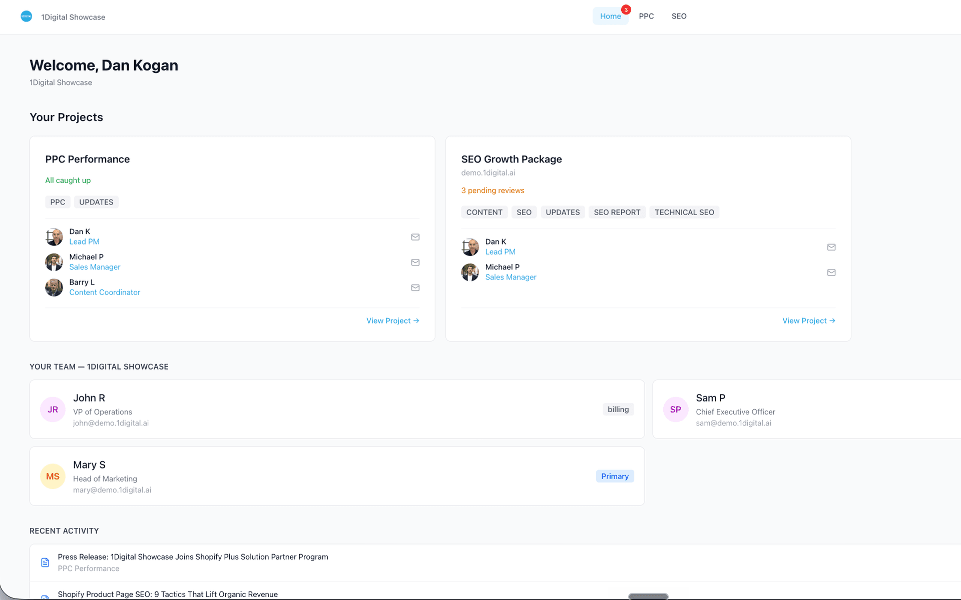 WorkspaceCRM Client Portal — Welcome dashboard showing projects, assigned team, client team, and recent activity