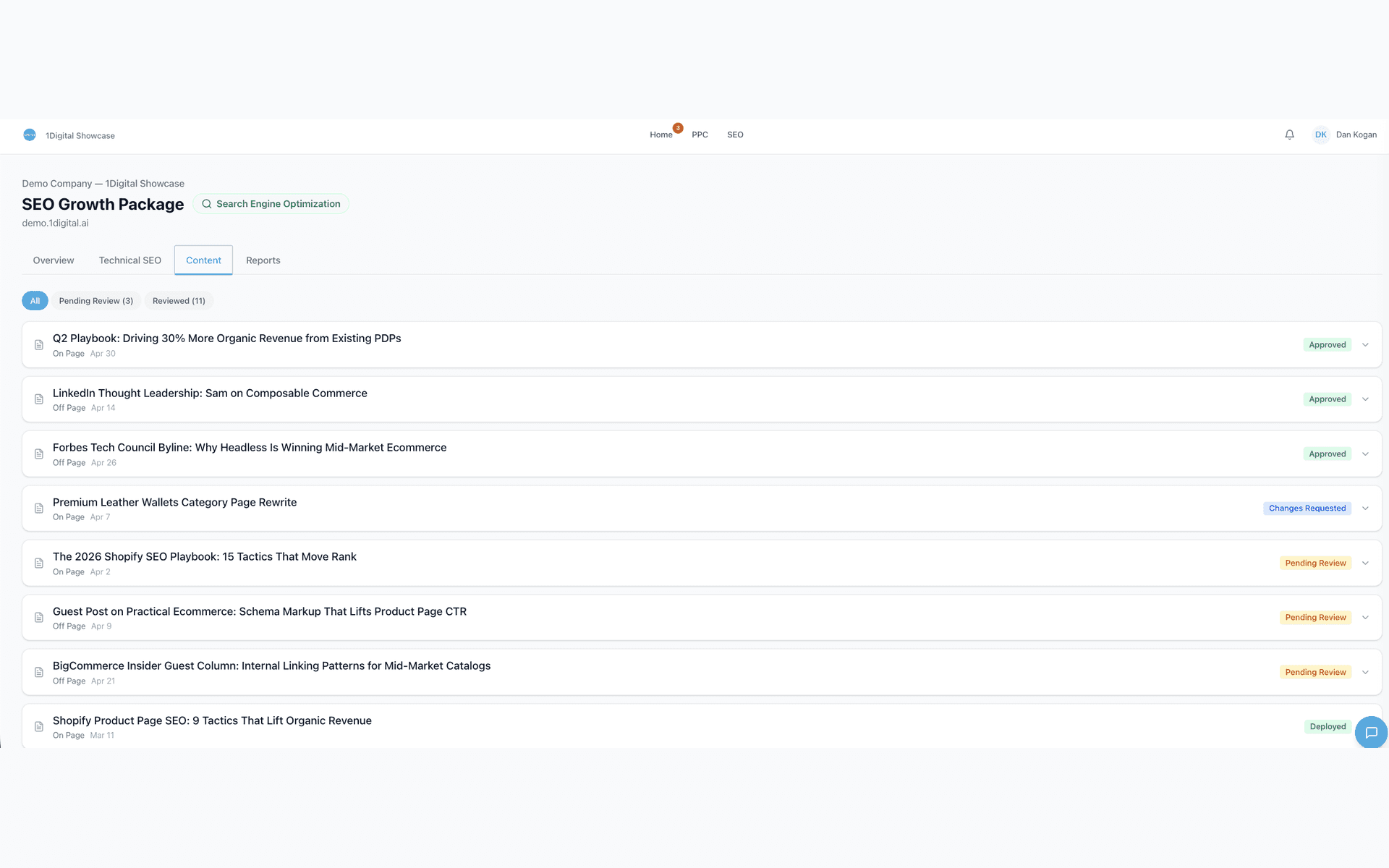 WorkspaceCRM Client Portal — Content Approvals queue with article rows showing Approved, Changes Requested, Pending Review, and Deployed statuses