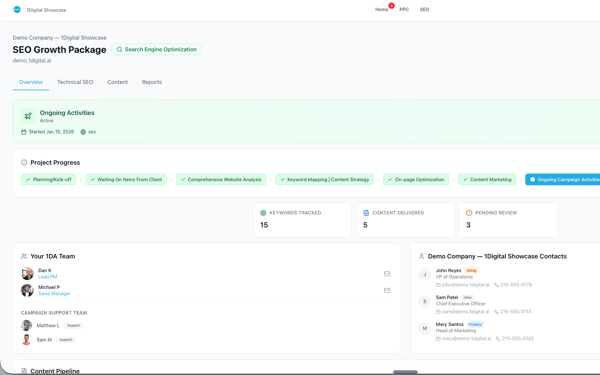 WorkspaceCRM Client Portal — SEO Growth Package project view with 7-stage progress, metrics, agency team, and client contacts