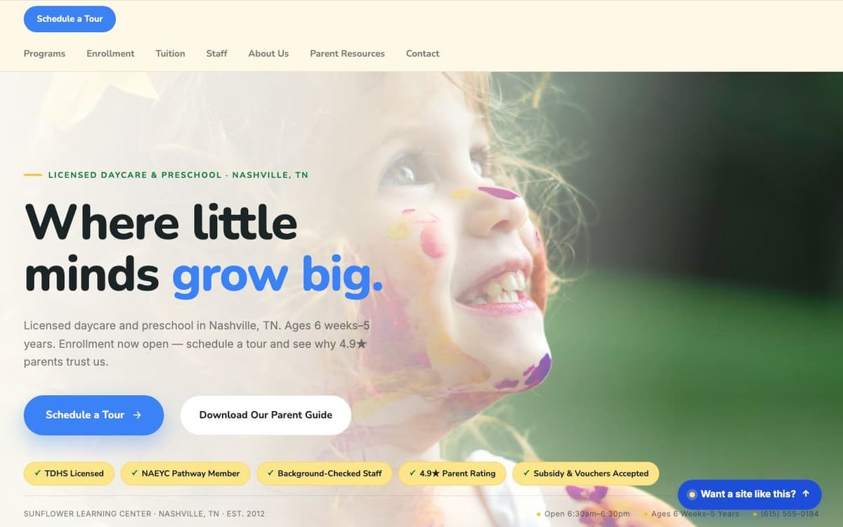 Childcare website demo built on WorkspaceCMS.ai
