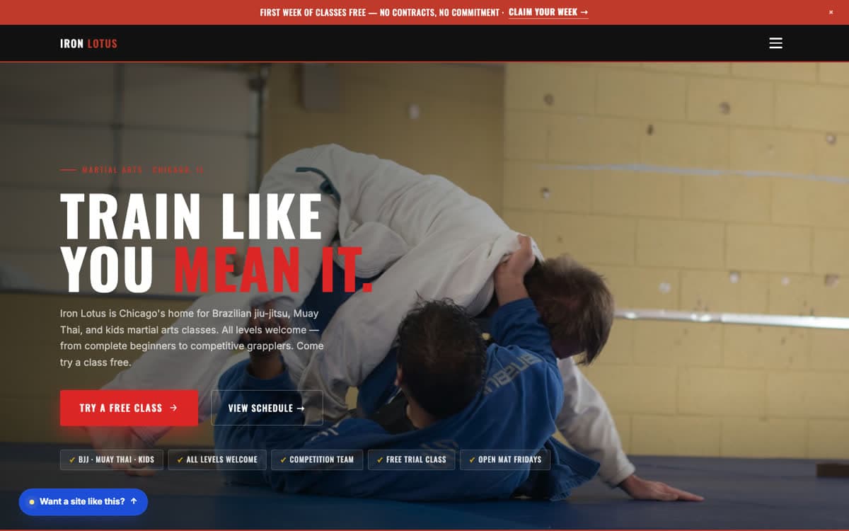 Martial Arts & Fitness Studios website demo built on WorkspaceCMS.ai