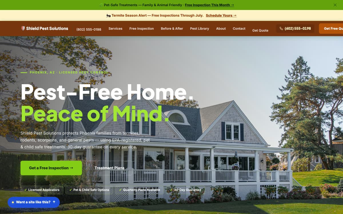 Pest Control website demo built on WorkspaceCMS.ai