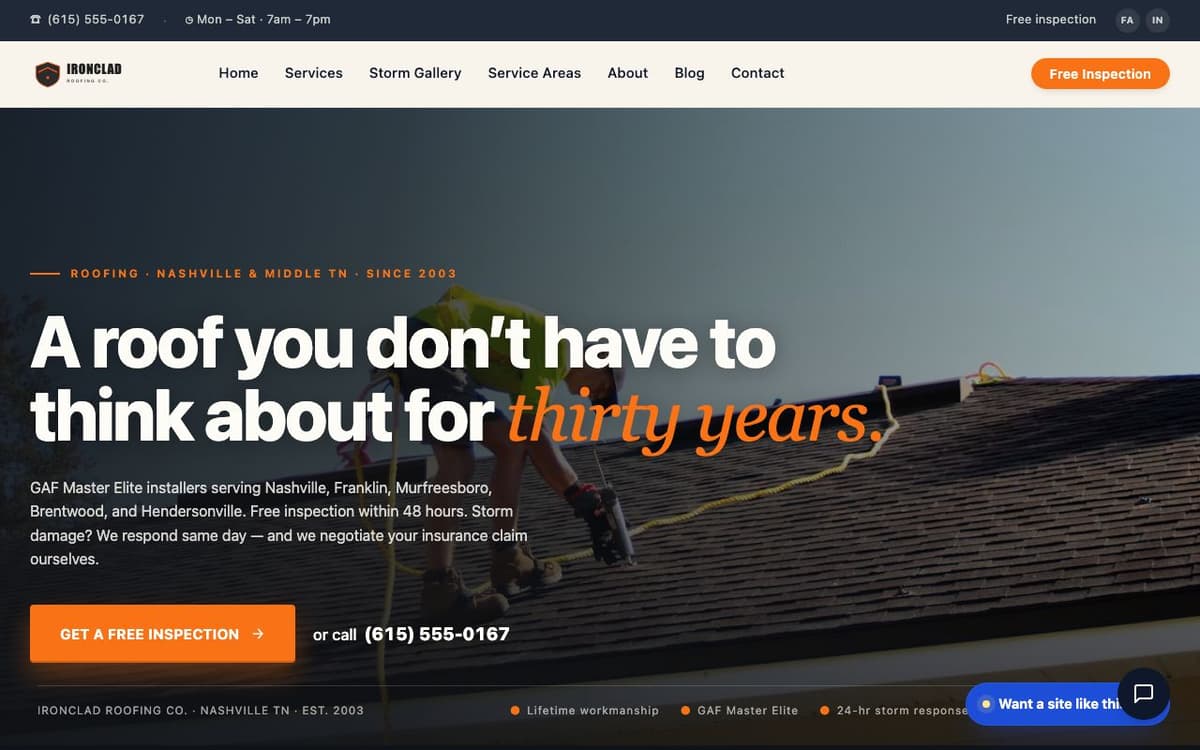 Roofing website demo built on WorkspaceCMS.ai
