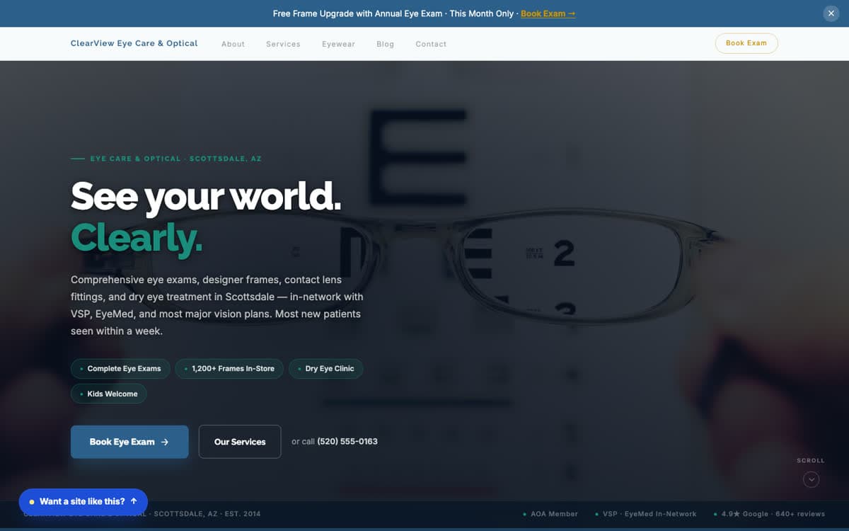 Optometry & Eyewear website demo built on WorkspaceCMS.ai