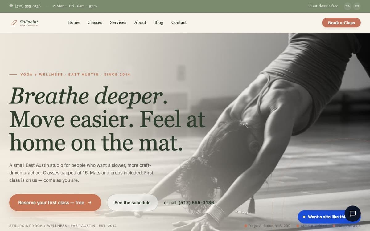 Yoga website demo built on WorkspaceCMS.ai