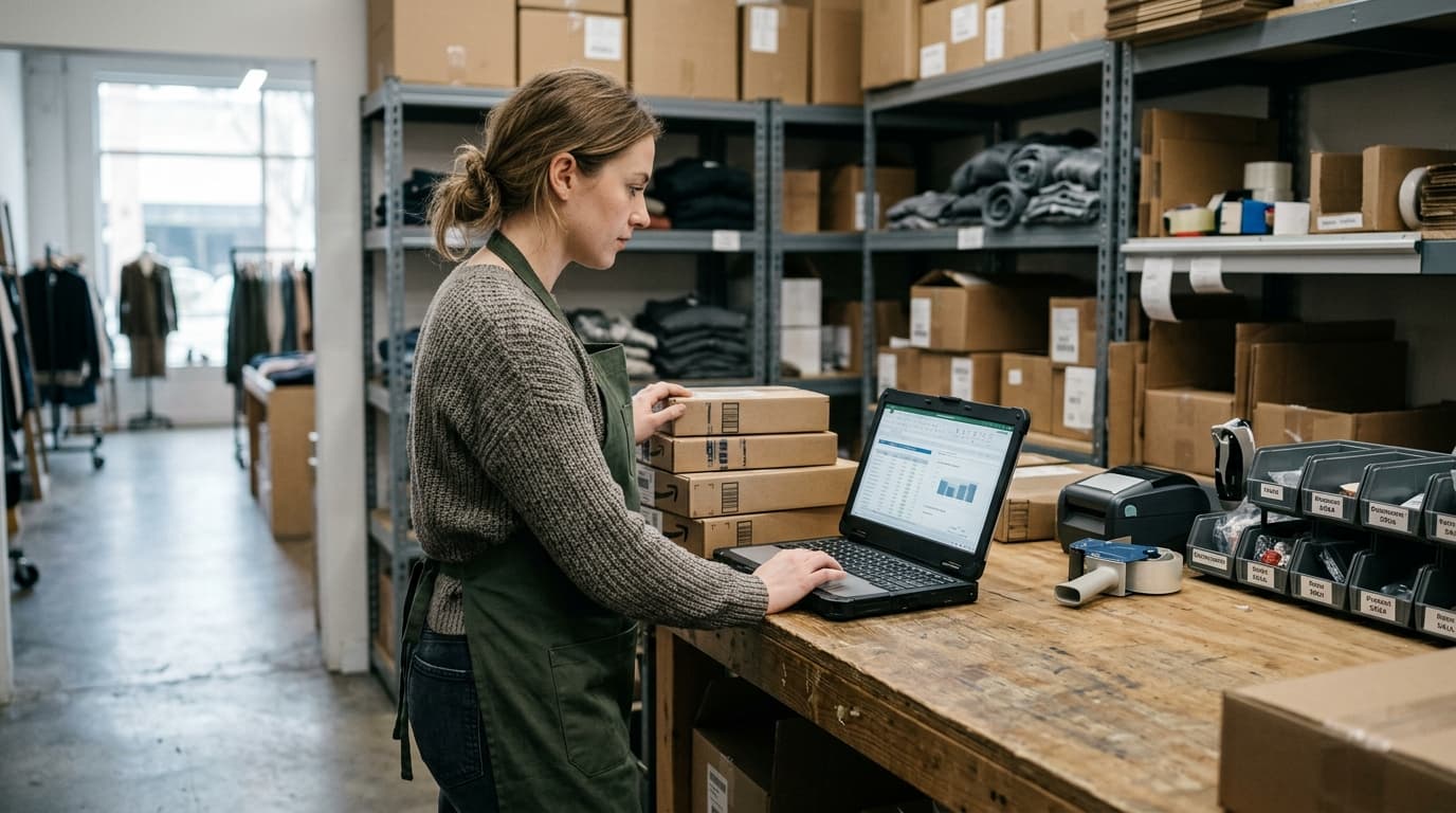 Woman in apron types on a laptop next to stacked shipping boxes in a warehouse setting.