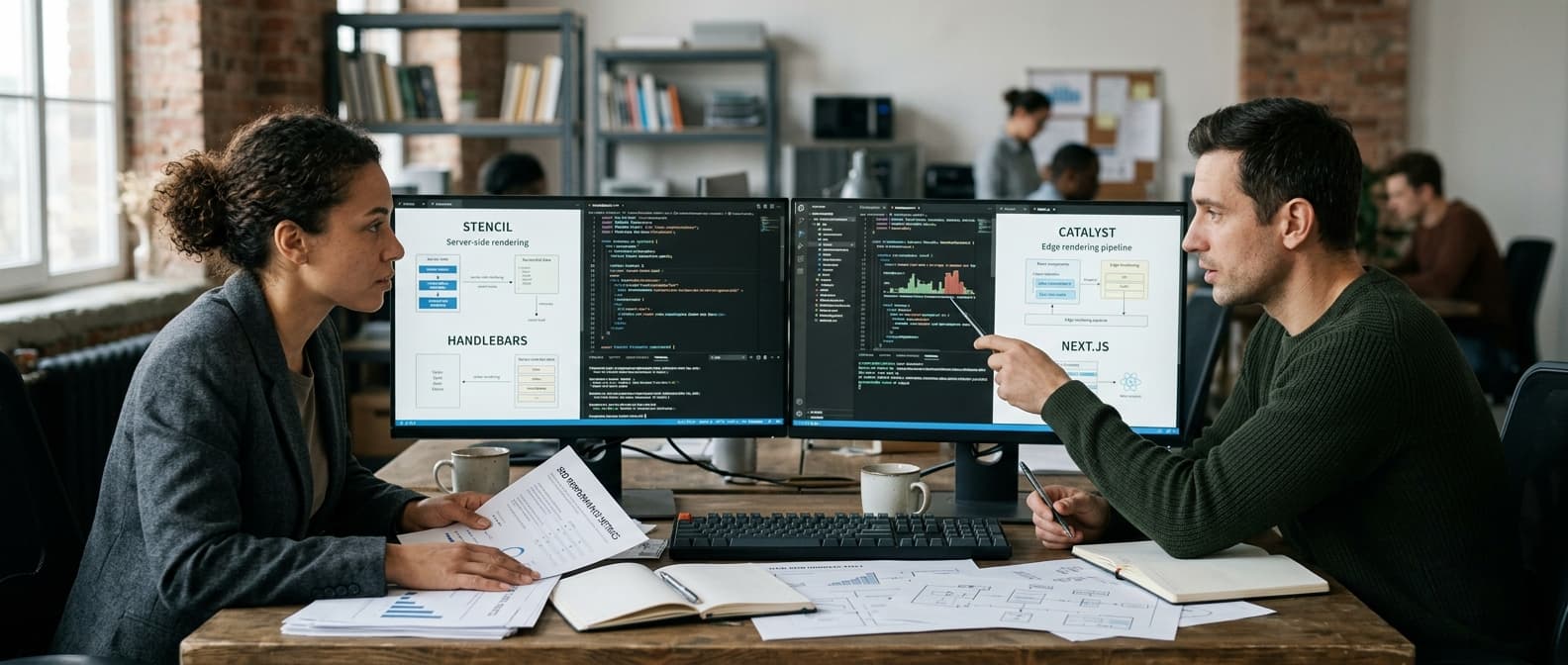 BigCommerce Stencil vs Catalyst SEO comparison — Handlebars theme architecture versus Next.js App Router storefront