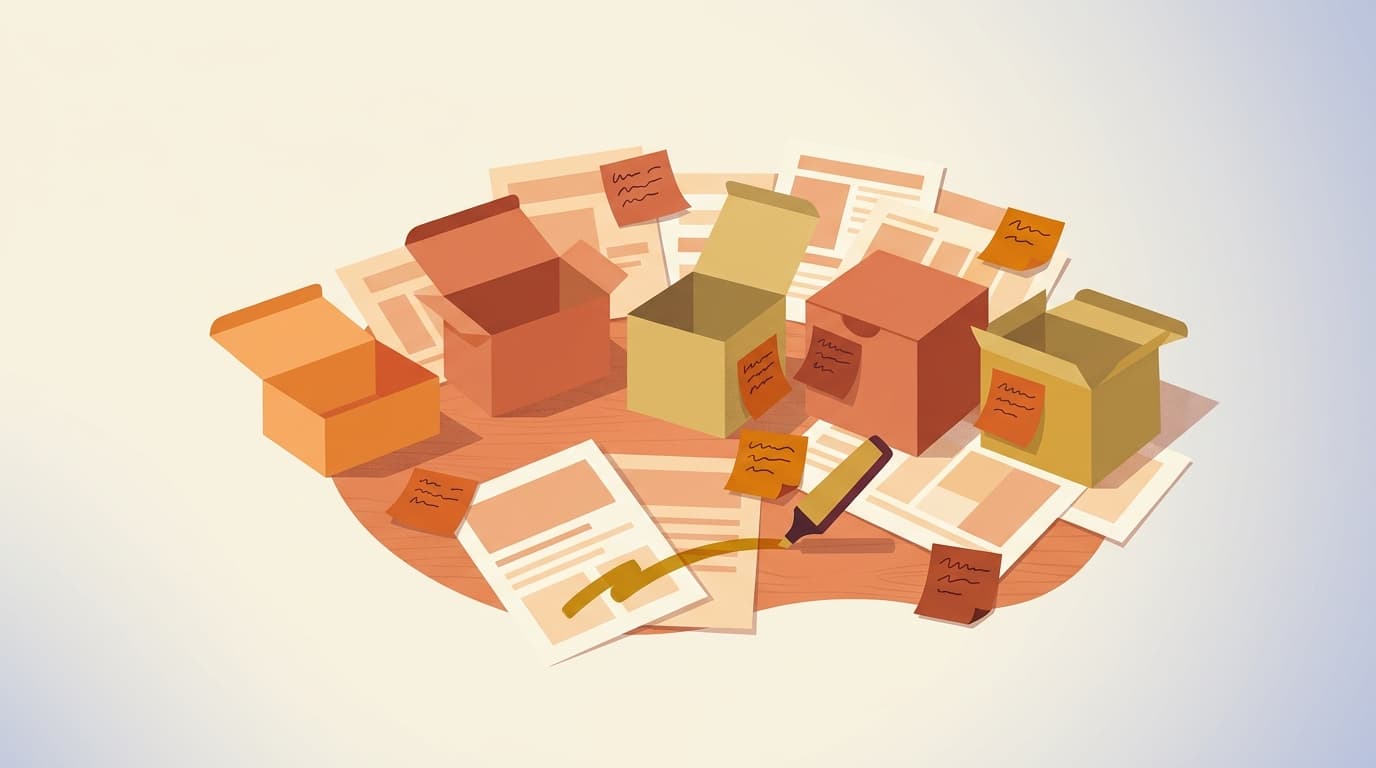 Open cardboard boxes, documents, sticky notes, and a highlighter scattered on a light surface.