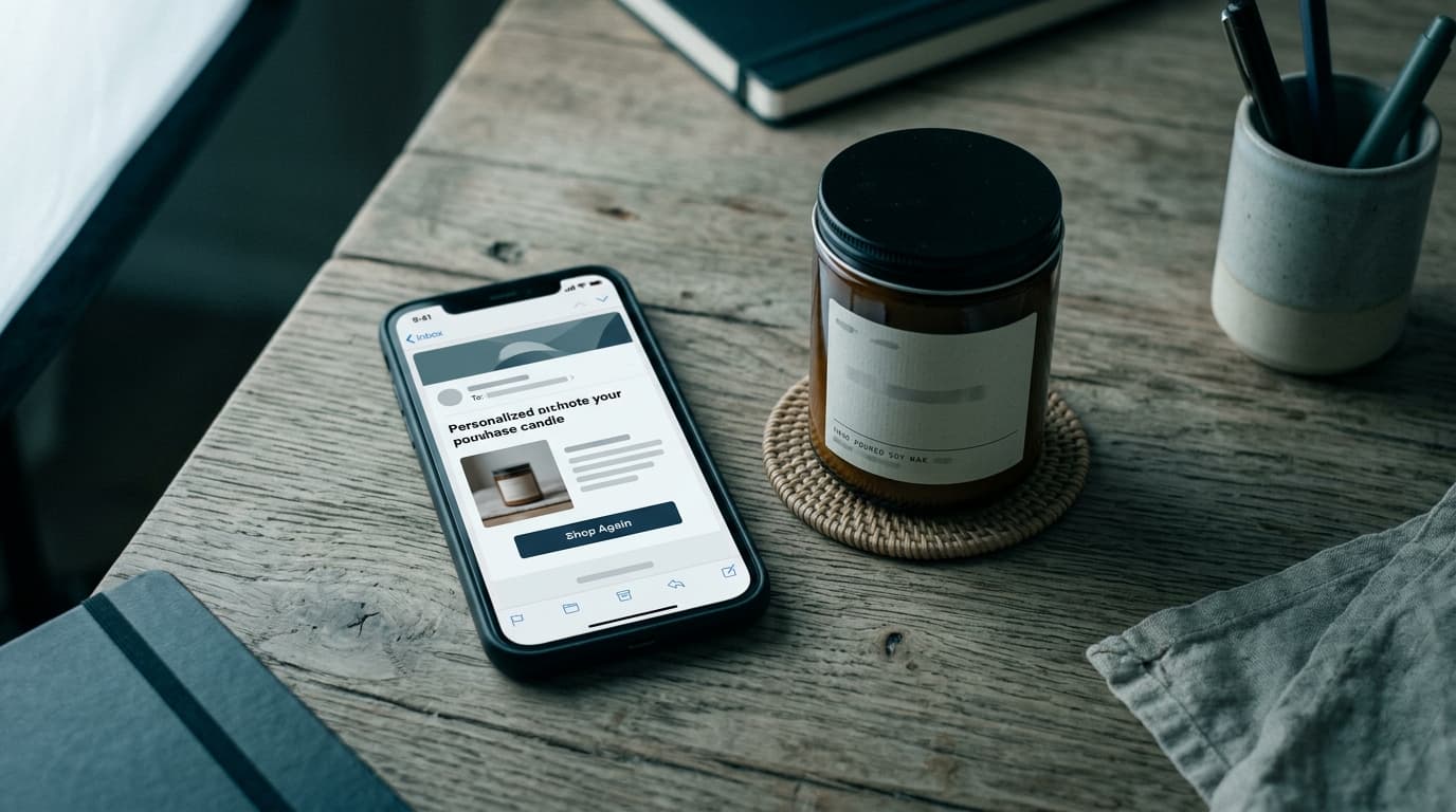 Smartphone displays a post-purchase email for a candle product, next to a jar candle and pens on a wooden desk.