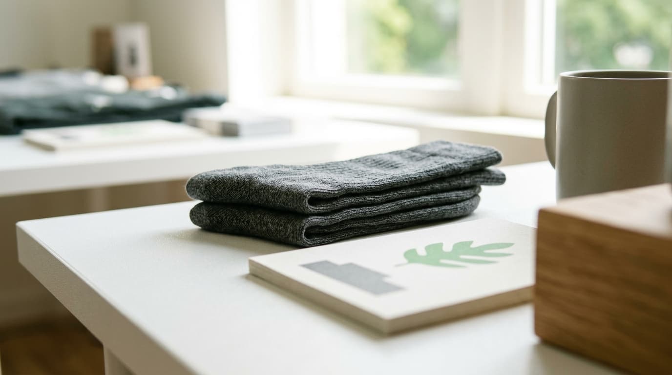 Two folded grey socks, a small booklet with a green leaf, and a mug on a white table.