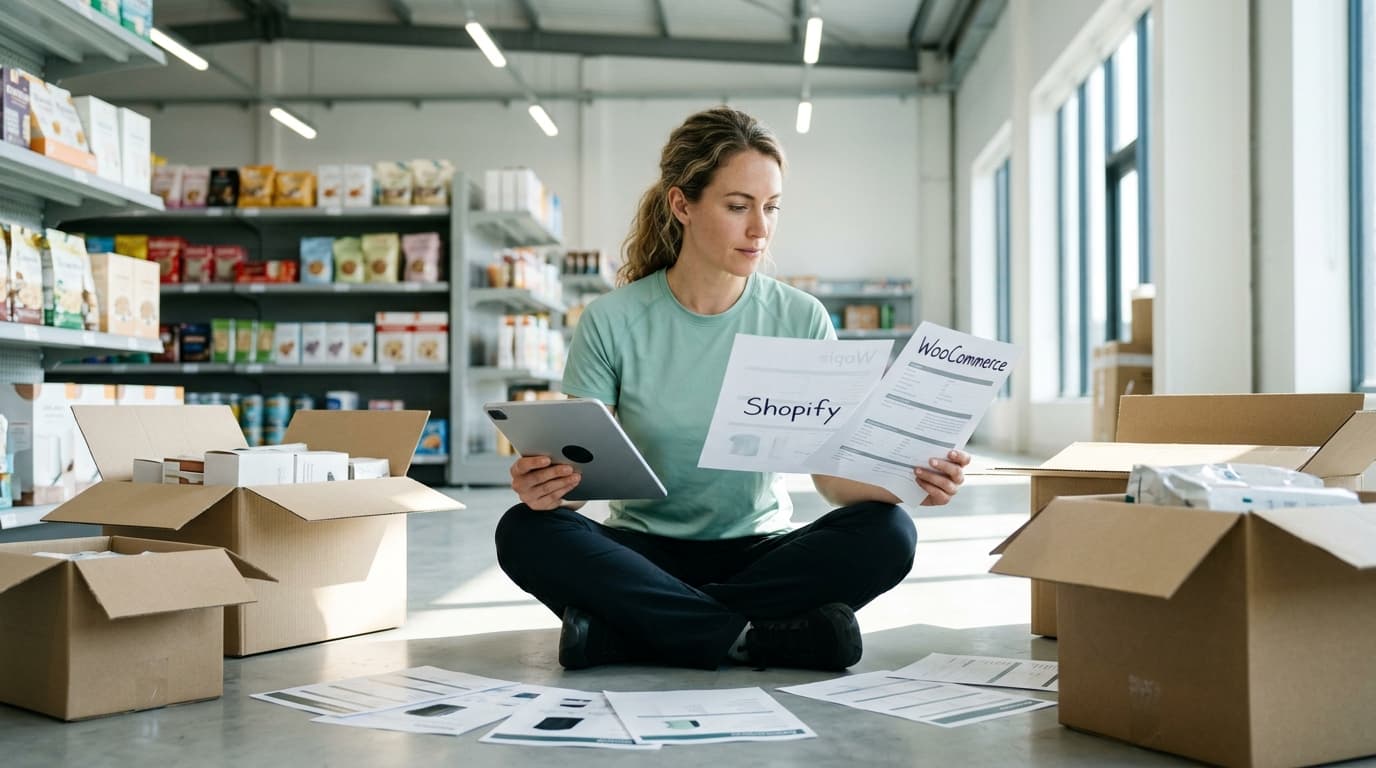Woman comparing Shopify and WooCommerce documents with a tablet, surrounded by open boxes in a warehouse.
