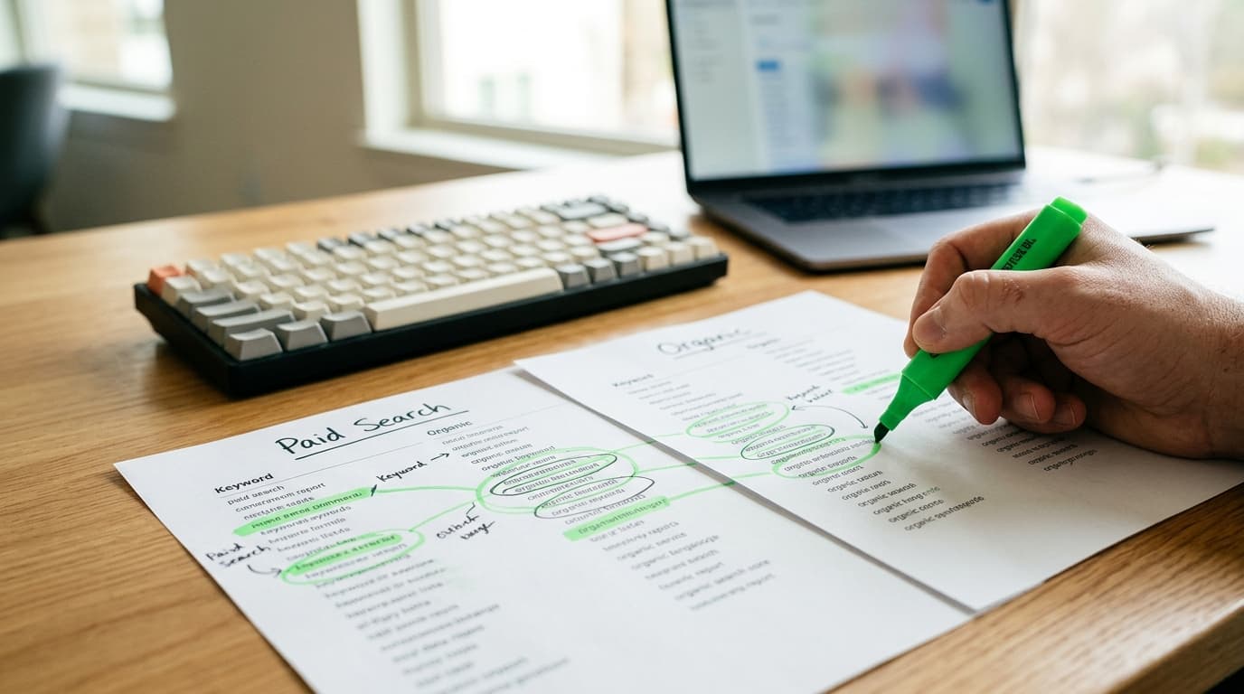 Hand uses a red marker to mark a document on an office desk with a computer setup.