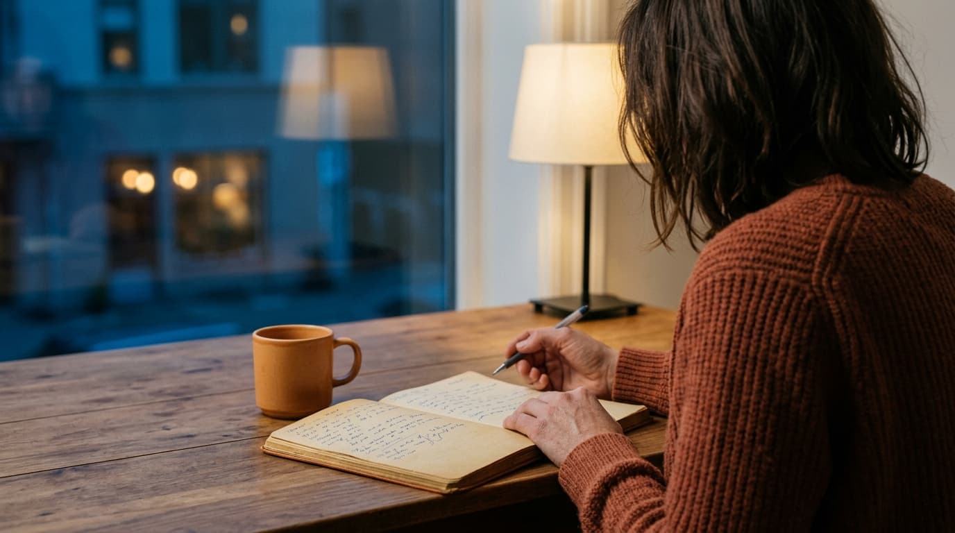 Person in a rust-colored sweater writing in an open notebook at a wooden table, with a mug and lamp.