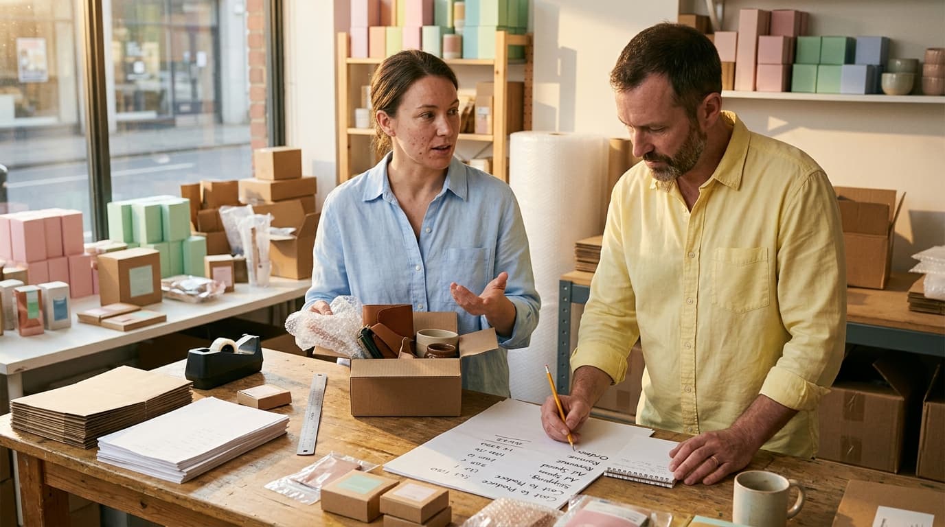 A woman holding bubble wrap talks to a man writing on a notepad at a table with packing supplies.