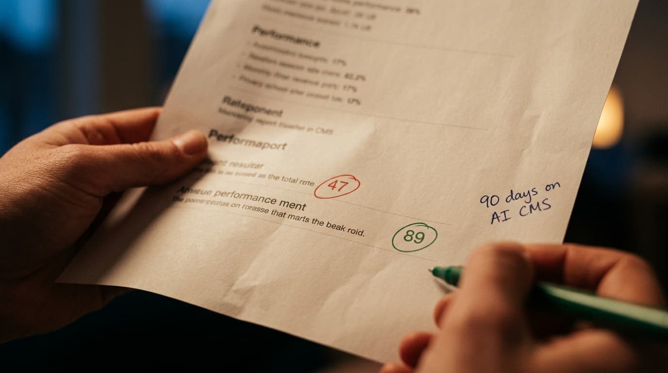 Hands hold a report with numbers 47 and 89 circled, and "90 days on AI CMS" written.