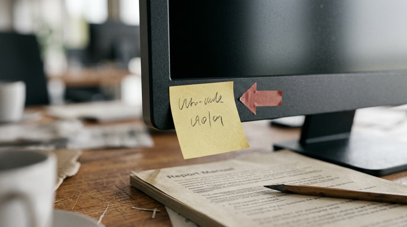 Sticky note and red arrow on a computer monitor, with a "Report Manual" document and pencil below.