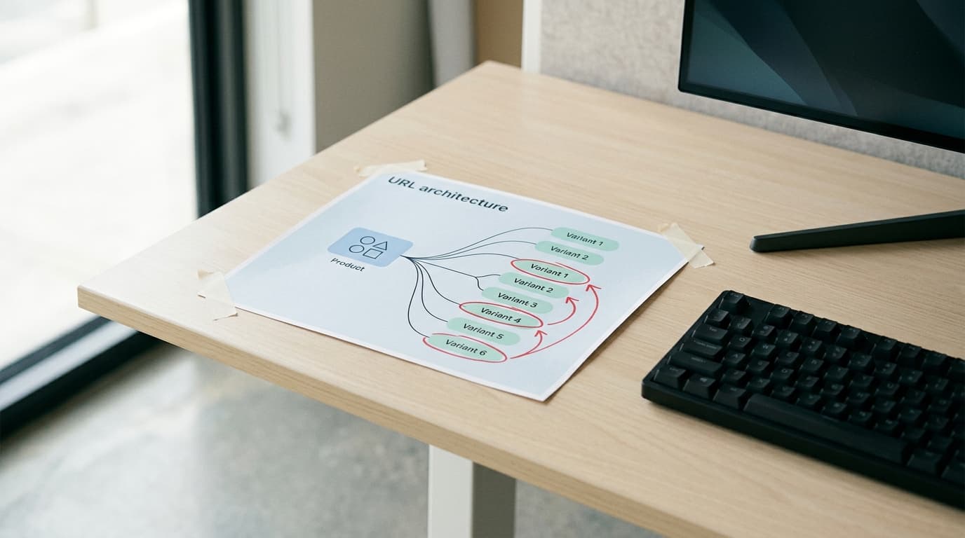 URL architecture" diagram on a light wooden desk, showing product variants with red circles and arrows, next to a black keyboard.