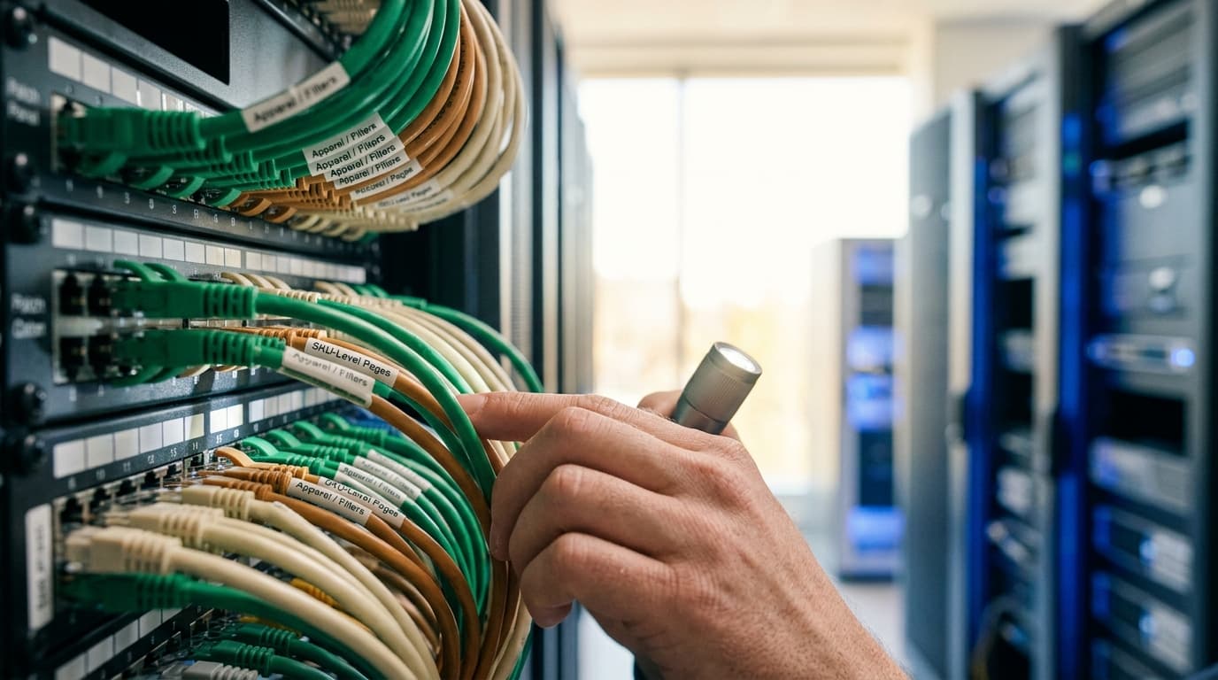 Hand with a flashlight inspecting labeled green and beige network cables in a server rack.