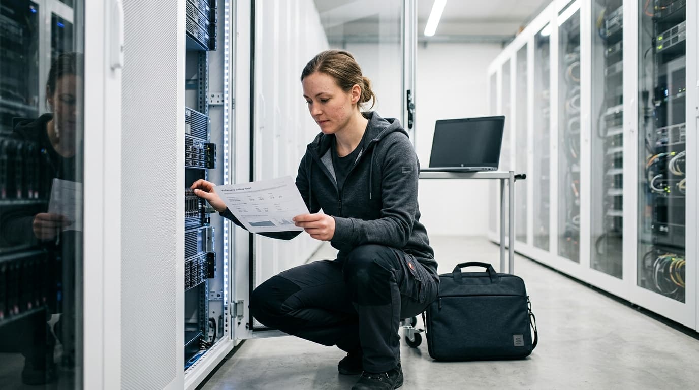 Woman crouching, checking a server rack while holding a report in a data center.