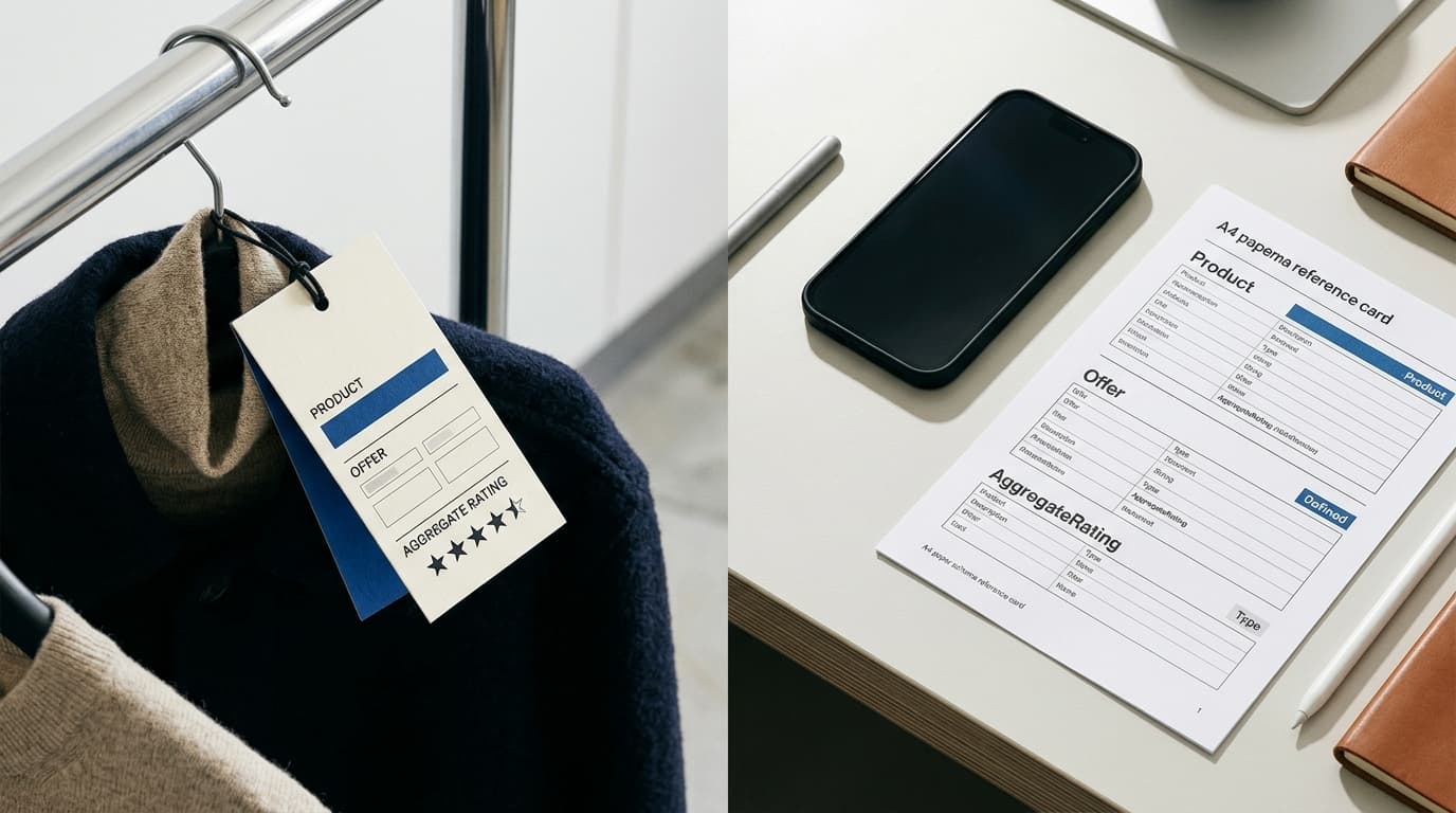 Product tag with 4.5-star rating on a coat, next to a product information reference card.