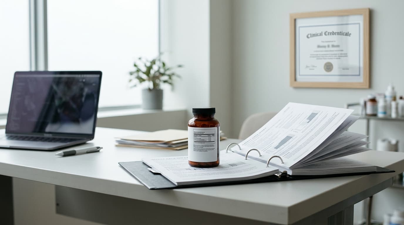 Laptop, brown bottle, and open binder on a desk with a framed clinical certificate on the wall.