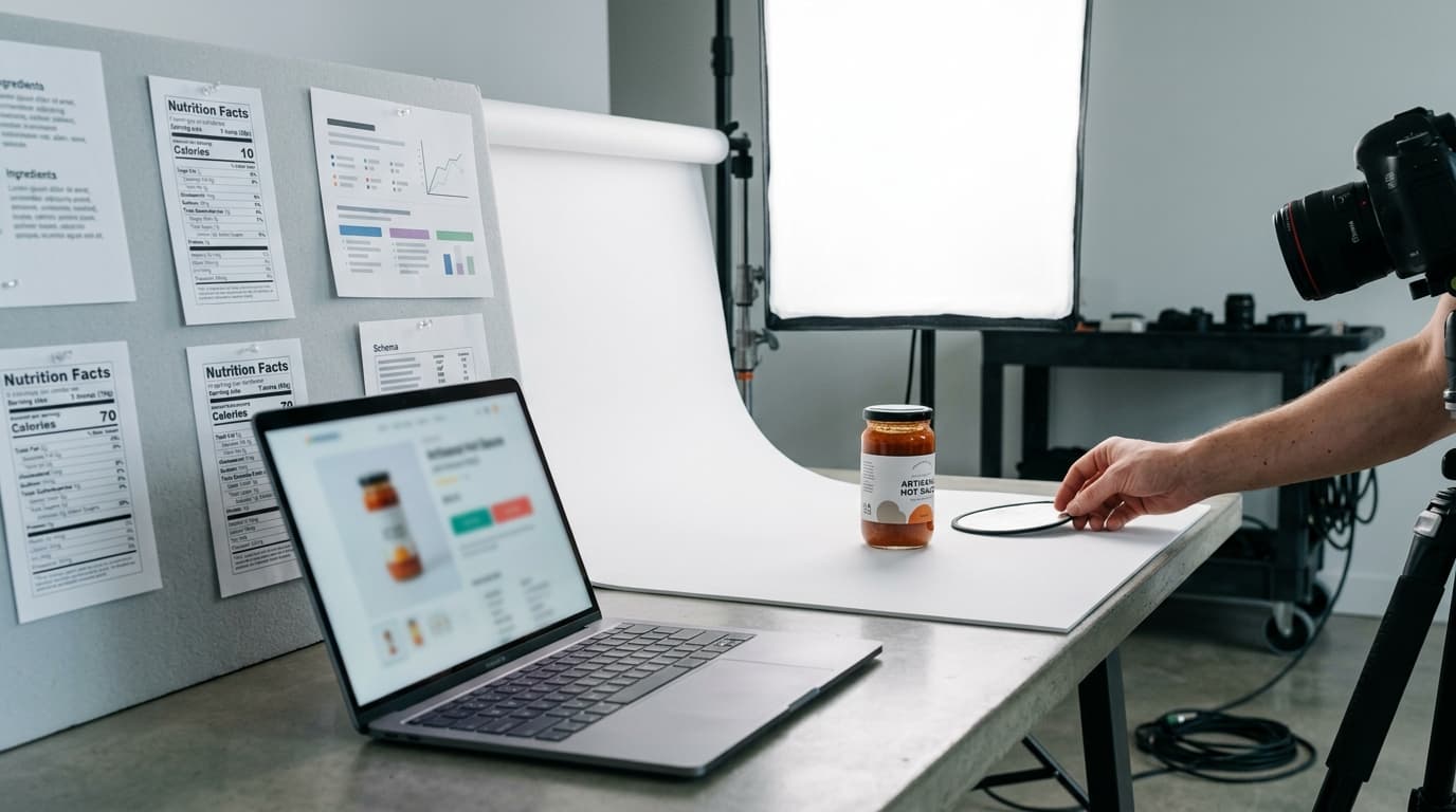 Product photography setup: hot sauce jar, laptop with product listing, and nutrition facts pinned to a board.