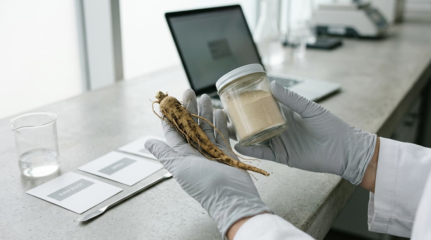 Gloved hands hold a raw root and a jar of light powder on a lab counter with a laptop.