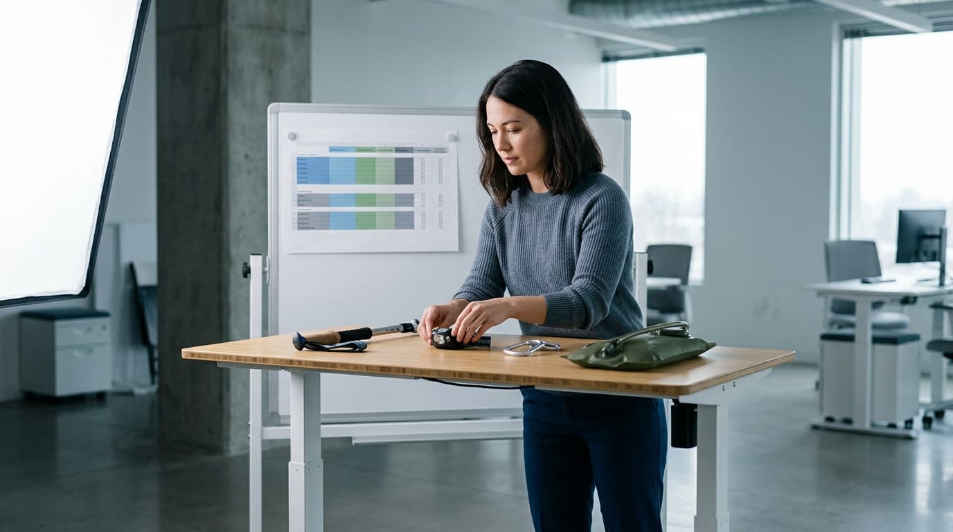 Woman standing at a standing desk, adjusting a headlamp with other outdoor gear.