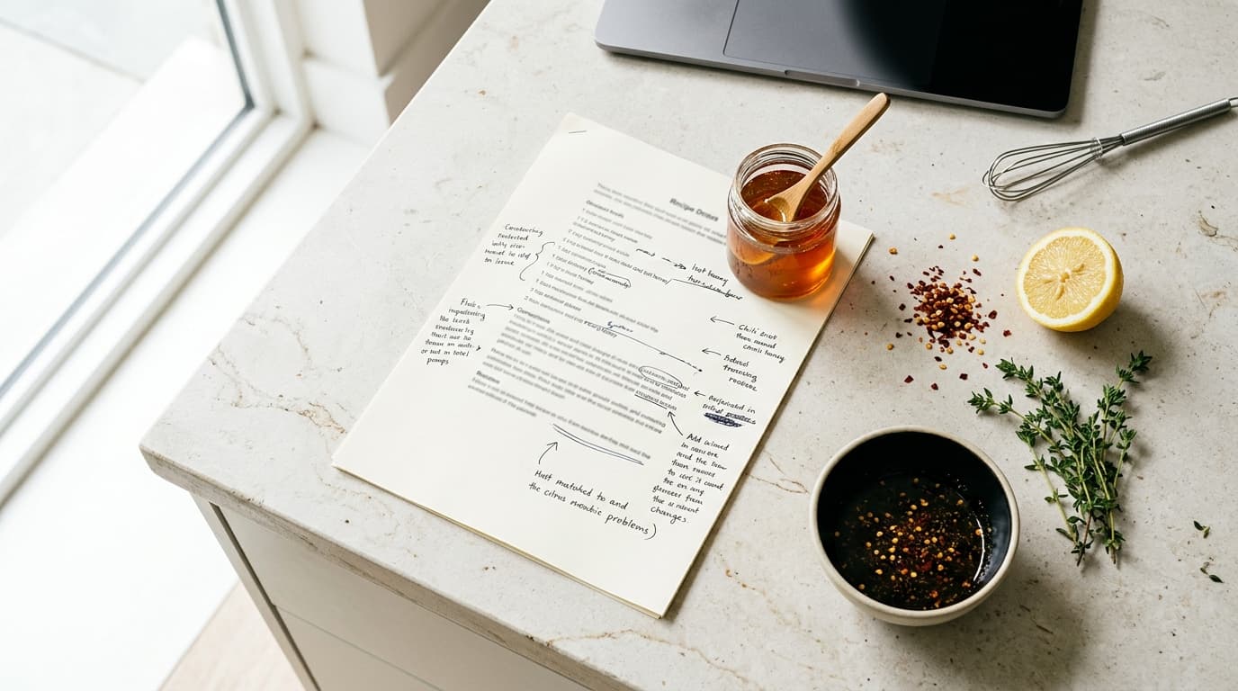 Recipe notes with handwritten edits on a counter, surrounded by honey, lemon, thyme, red pepper flakes, and chili oil.