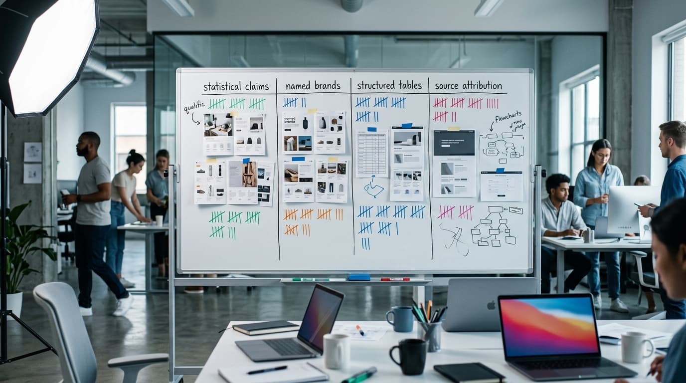 Office whiteboard with statistical claims, named brands, structured tables, source attribution, tallied and documented.