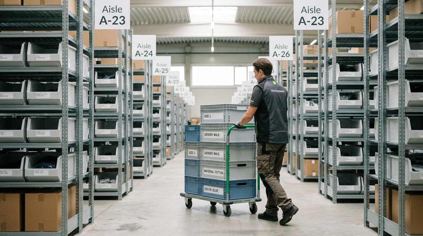 Warehouse worker pushes a cart with labeled inventory bins down an aisle of tall shelves.
