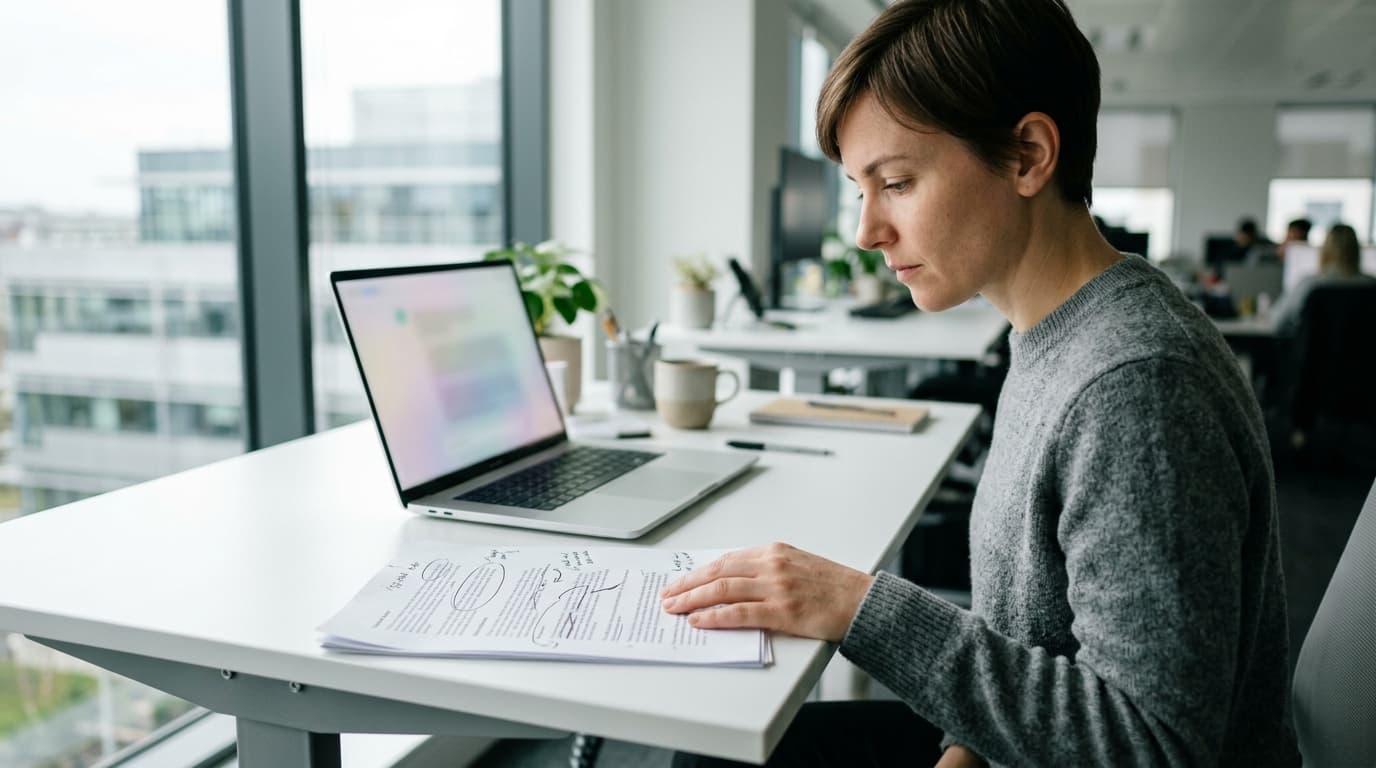 Woman in grey sweater reviewing papers with notes at desk beside an open laptop.