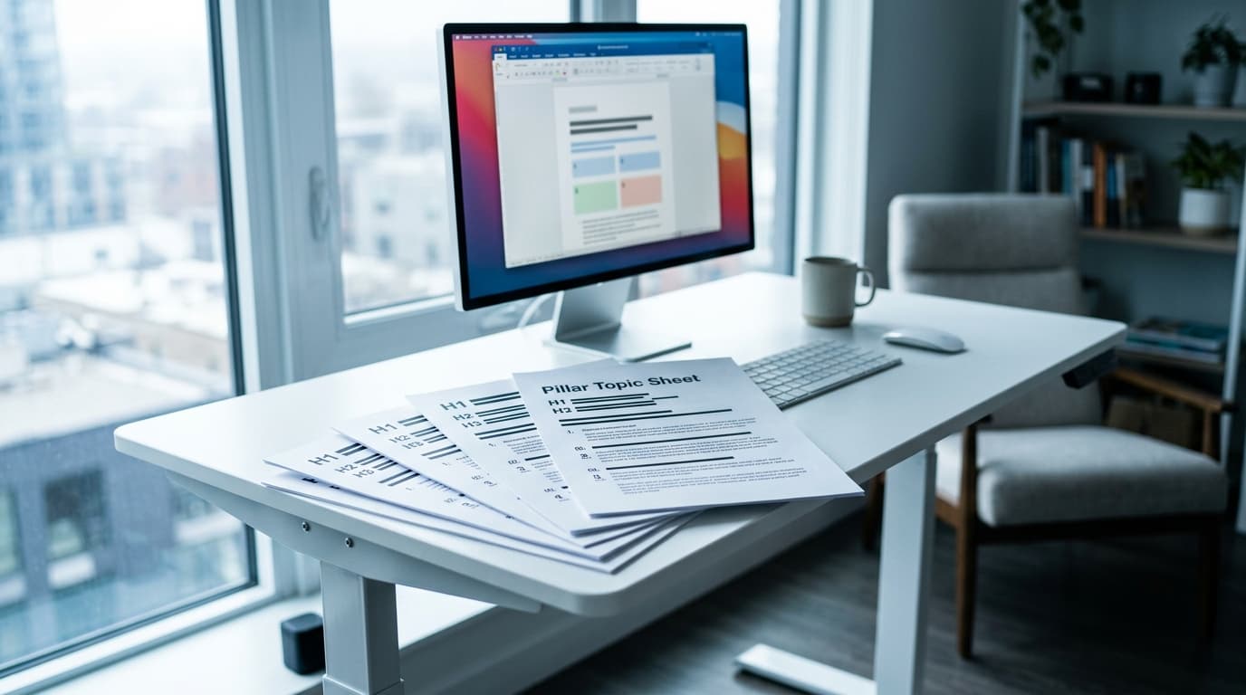 White desk with a computer showing document outlines, "Pillar Topic Sheet" papers, keyboard, mouse, and coffee mug.