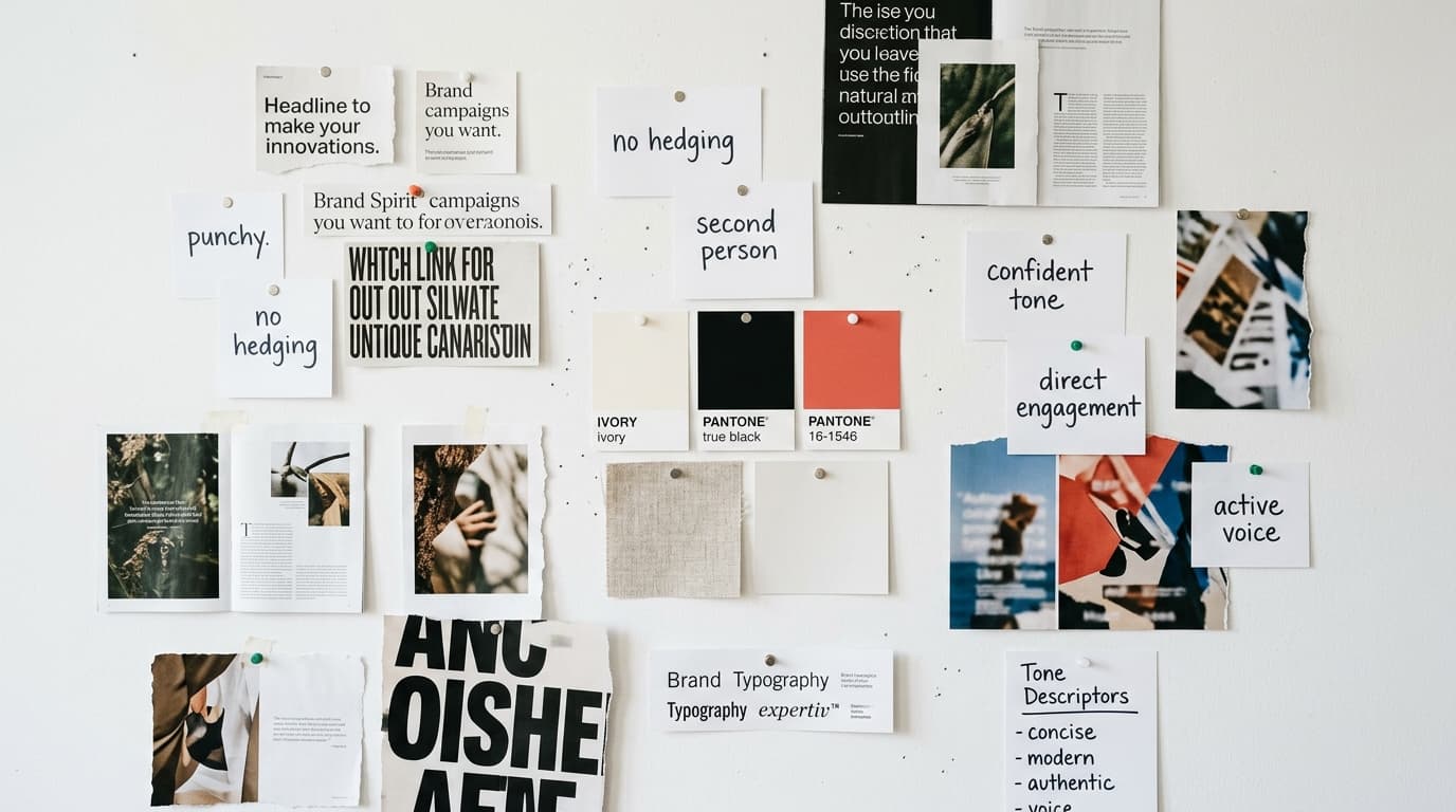 Brand voice mood board with notes on writing style, typography, color swatches, and magazine clippings.