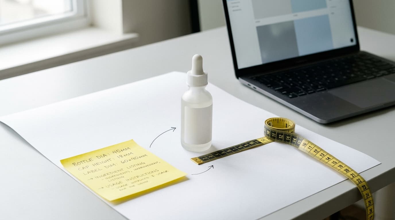 Frosted dropper bottle, sticky note with product specs, measuring tape, and laptop on desk.