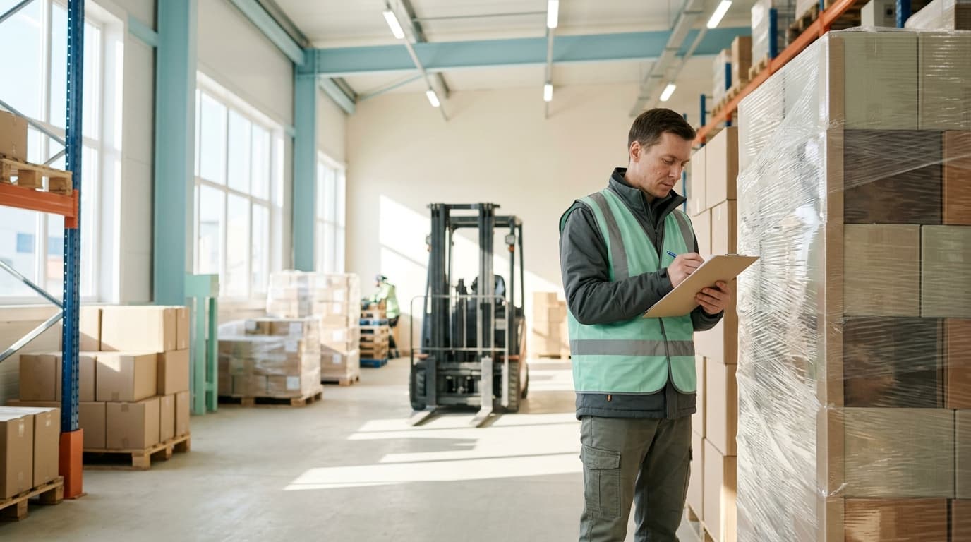 Man in high-vis vest writing on a clipboard in a warehouse with stacked boxes and a forklift.