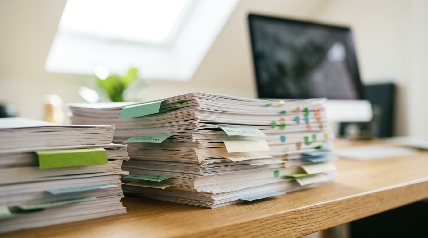 Stacks of papers with colorful sticky notes on a wooden desk. A computer monitor is blurred in the background.
