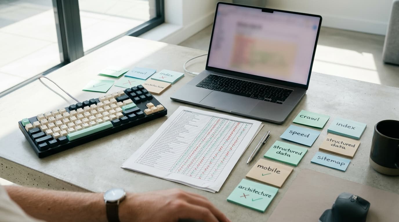 Desk with laptop, mechanical keyboard, a checklist, and sticky notes labeled with SEO terms.